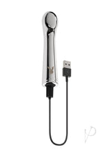 Playboy Swoon Rechargeable Vibrator Silver with USB charging cable in sleek design.