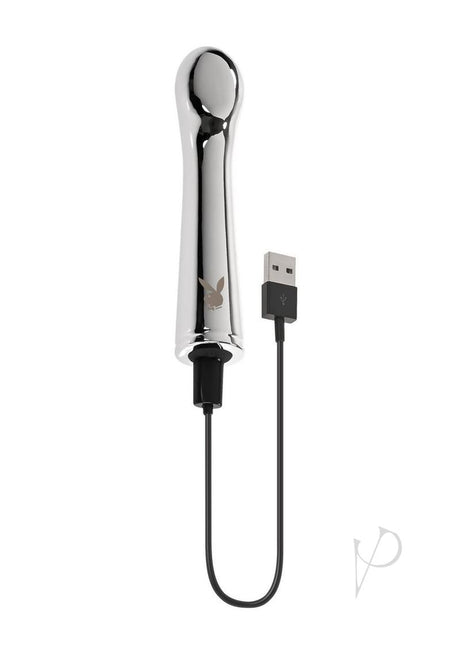 Playboy Swoon Rechargeable Vibrator Silver with USB charging cable in sleek design.