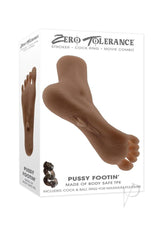 Zero Tolerance Pussy Footin' Masturbator Chocolate in a foot shape with packaging details and cock ring included.