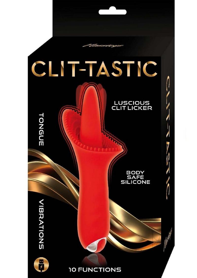 Clit-Tastic Luscious Clit Licker Clitoral Vibrator Red packaging showcasing a tongue-shaped vibrator with 10 functions.