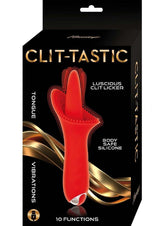 Clit-Tastic Luscious Clit Licker Clitoral Vibrator Red packaging showcasing a tongue-shaped vibrator with 10 functions.