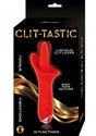 Clit-Tastic Luscious Clit Licker Clitoral Vibrator Red packaging showcasing a tongue-shaped vibrator with 10 functions.
