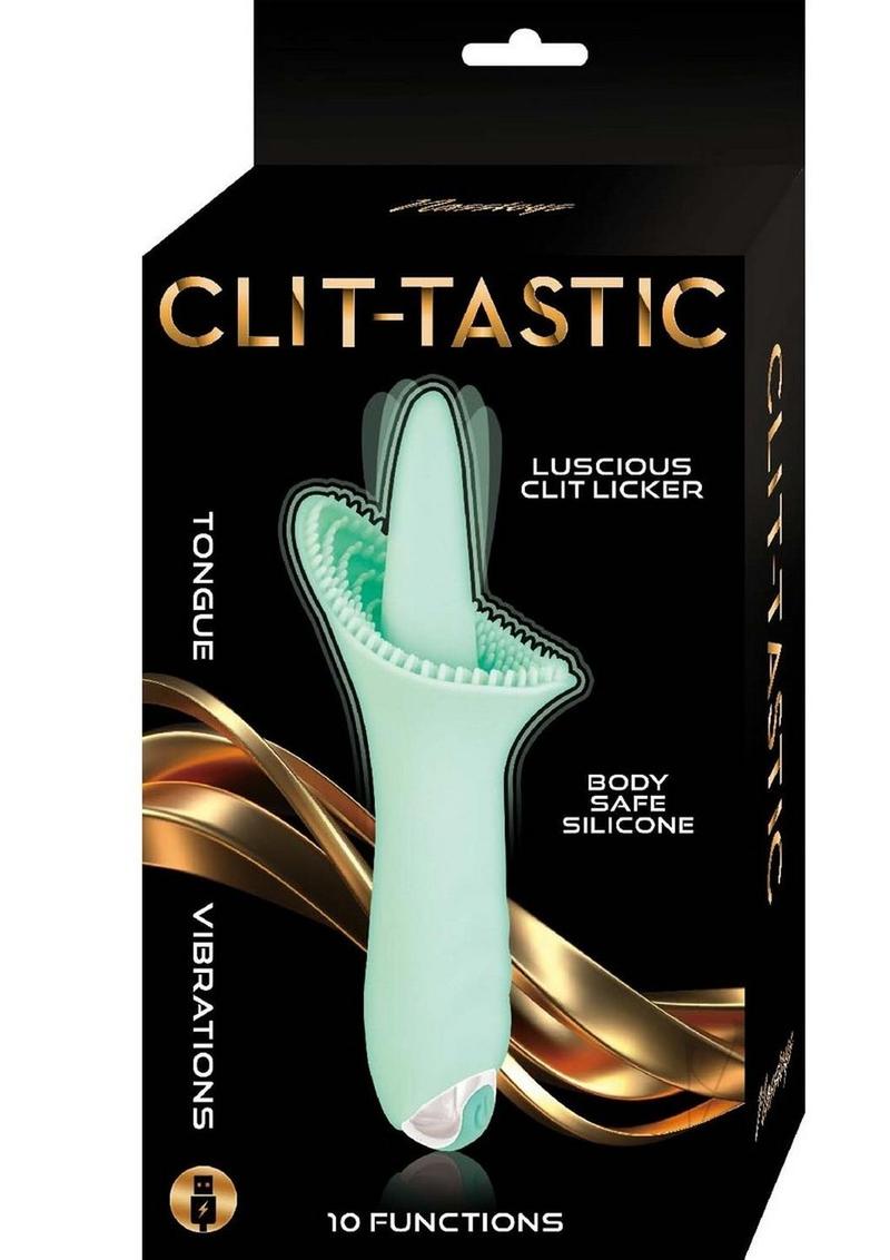 Clit-Tastic Luscious Clit Licker Clitoral Vibrator Aqua packaging showcasing the tongue-shaped stimulator and features.