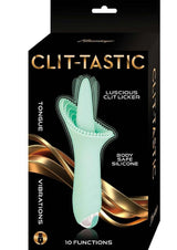 Clit-Tastic Luscious Clit Licker Clitoral Vibrator Aqua packaging showcasing the tongue-shaped stimulator and features.