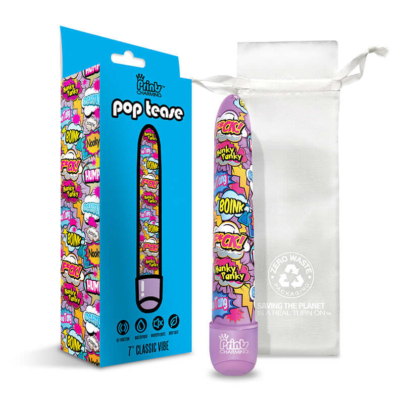 Prints Charming Pop Tease 7 inch Classic Vibe F*ck Purple with colorful packaging and storage pouch.