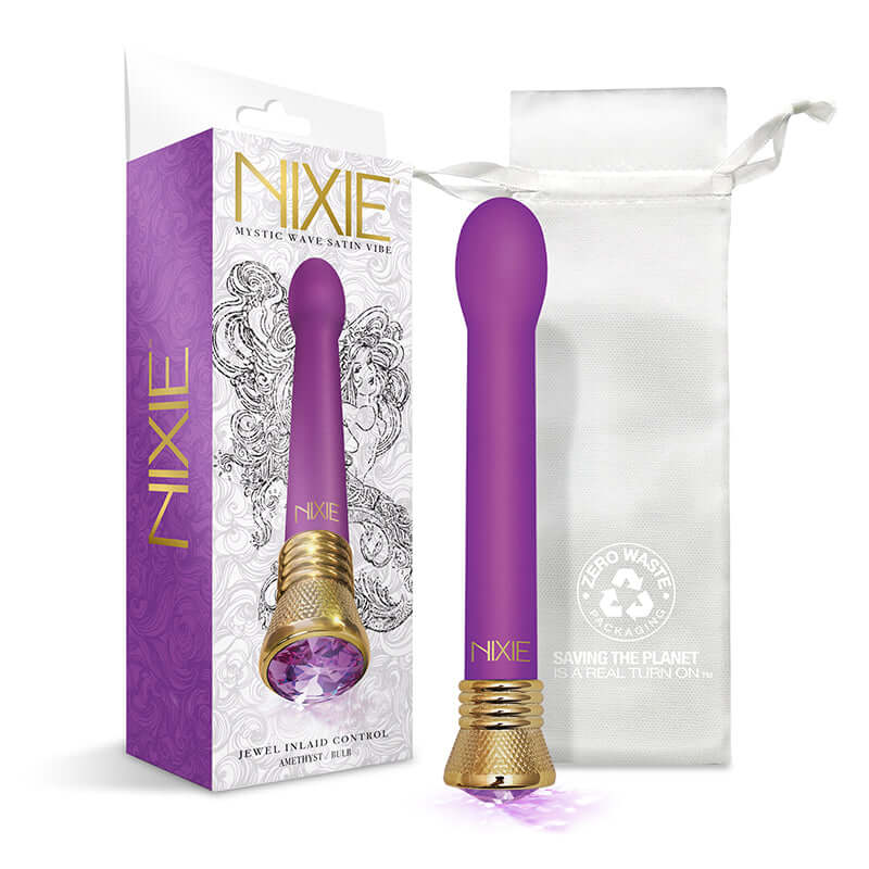 Nixie Mystic Wave Satin Bulb Vibrator Amethyst in purple packaging with jewel inlaid control.