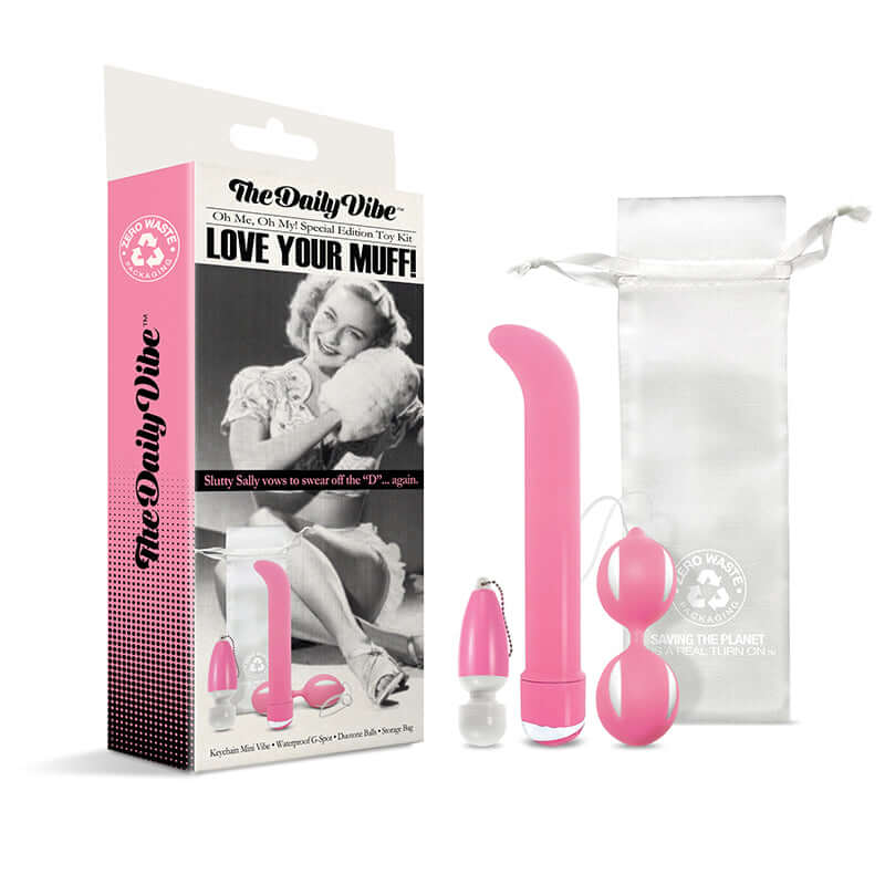 The Daily Vibe Special Edition Toy Kit - Love Your Muff package including pink pleasure products and storage bag.
