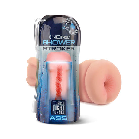 Happy Ending Self Lubricating Shower Stroker Ass in packaging with a realistic design and tight tunnel for ultimate pleasure.