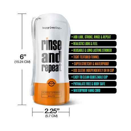 Happy Ending Rinse And Repeat Classic Stroker Mouth features waterproof design, textured tunnel, and reusable construction for easy use.