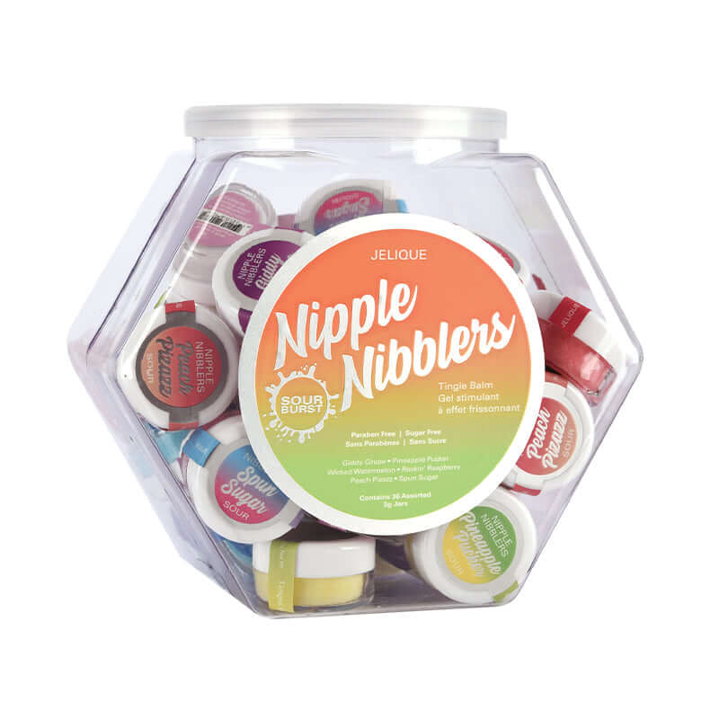 Jelique Nipple Nibbler Sour Tingle Balm Assorted Flavors 36 Pc display with colorful containers.