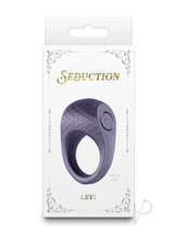 Seduction Levi Rechargeable Silicone Cock Ring Gray in packaging, featuring a sleek design and vibrating function.