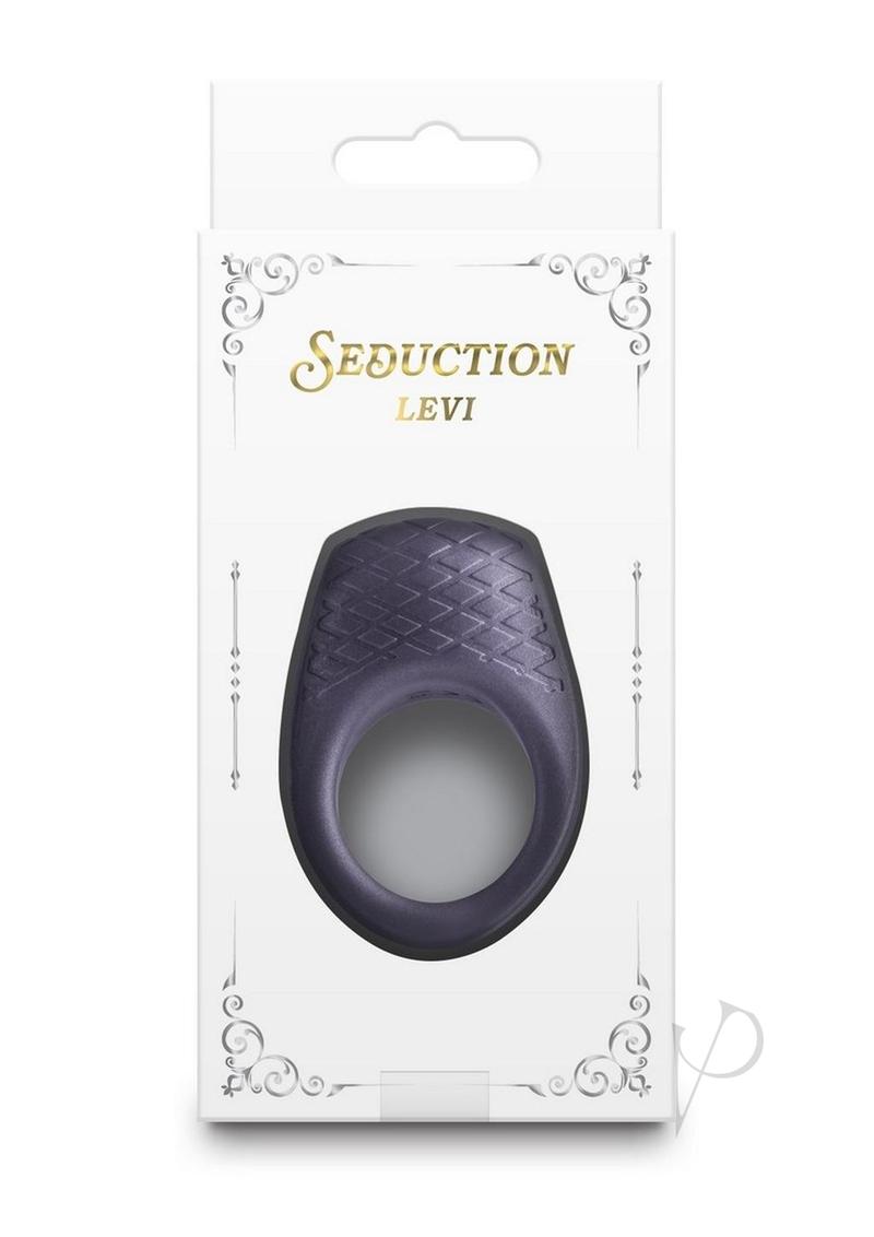 Seduction Levi Rechargeable Silicone Cock Ring Gray in elegant packaging, designed for enhanced pleasure.