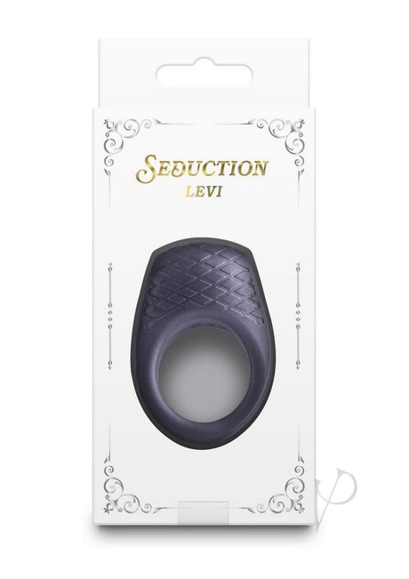 Seduction Levi Rechargeable Silicone Cock Ring Gray in elegant packaging, designed for enhanced pleasure.