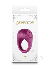 Seduction Levi Rechargeable Silicone Cock Ring Red packaging featuring sleek design and power button.