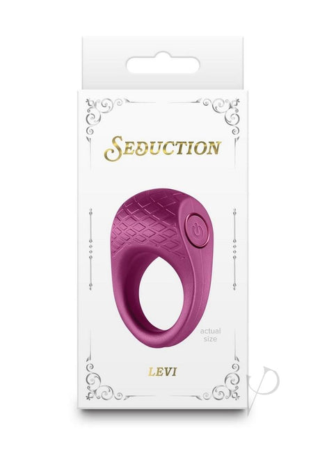 Seduction Levi Rechargeable Silicone Cock Ring Red packaging featuring sleek design and power button.