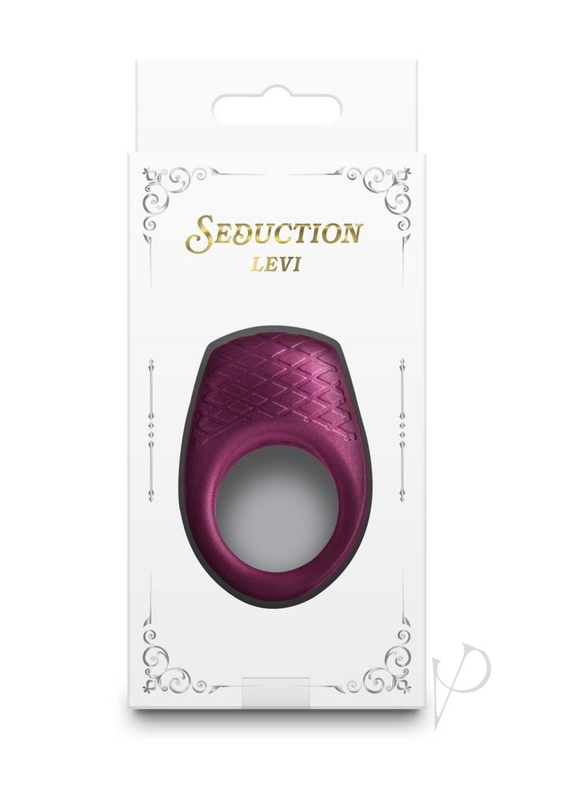 Seduction Levi Rechargeable Silicone Cock Ring Red packaging with vibrant design and textured surface.