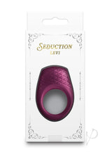 Seduction Levi Rechargeable Silicone Cock Ring Red packaging with vibrant design and textured surface.