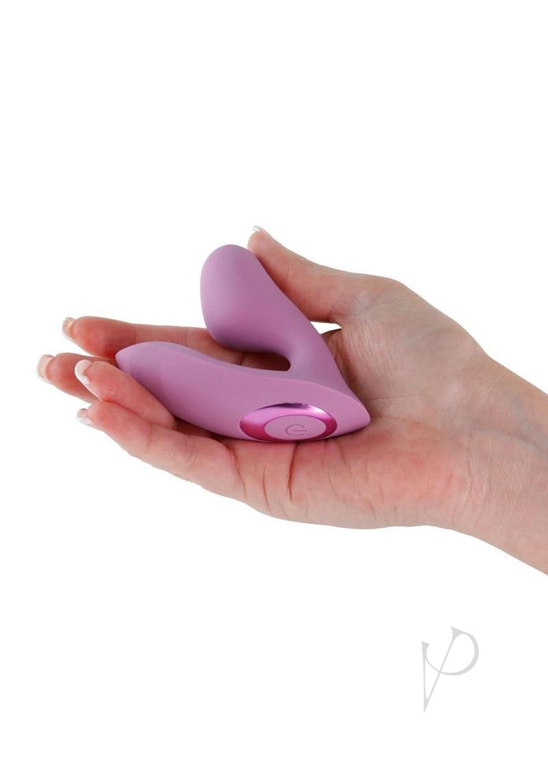 Desire Demure Wearable Dual Motor Vibrator Lavender held in a hand, showcasing its discreet design and features.