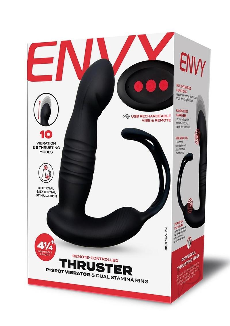 Envy Thruster P-Spot Vibrator & Ring with Remote Control packaging showcasing its features and design.