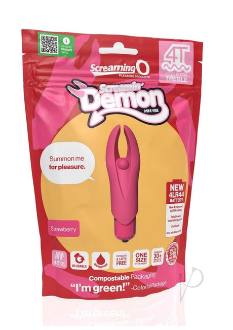 4T Demon Silicone Mini Clitoral Vibrator Strawberry package with playful design and product details.