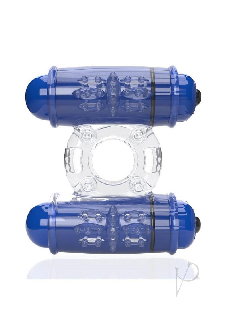 4T Double Wammy Dual Vibrating Couples Cock Ring Blueberry showing dual blue vibrating nodes and stretchy band.
