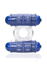 4T Double Wammy Dual Vibrating Couples Cock Ring Blueberry showing dual blue vibrating nodes and stretchy band.