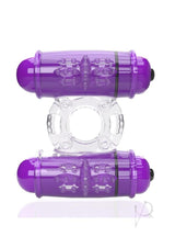 4T Double Wammy Silicone Dual Vibrating Couples Cock Ring in purple showcasing dual motors and tickle design.