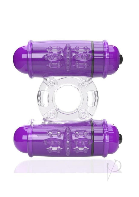 4T Double Wammy Silicone Dual Vibrating Couples Cock Ring in purple showcasing dual motors and tickle design.