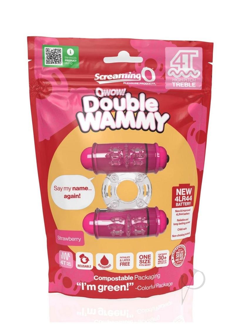 4T Double Wammy Dual Vibrating Couples Cock Ring Strawberry with packaging and product details.