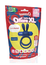 4T Ohare XL Silicone Rabbit Vibrating Cock Ring Blueberry packaging with features and vibrant colors.
