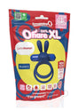 4T Ohare XL Silicone Rabbit Vibrating Cock Ring Blueberry packaging with features and vibrant colors.