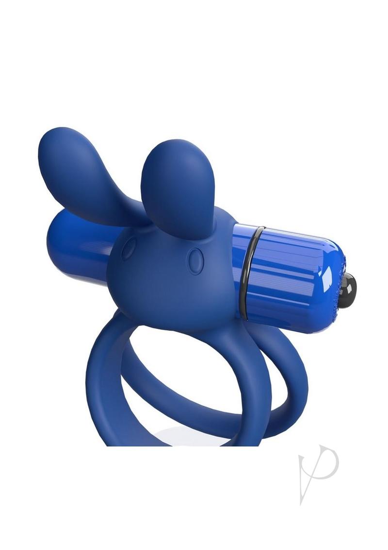 4T Ohare XL Silicone Rabbit Vibrating Cock Ring Blueberry close-up showing its rabbit ears and vibrant blue color.