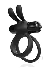 4T Ohare XL Silicone Rabbit Vibrating Cock Ring Black showcasing rabbit ears and adjustable features for couples.
