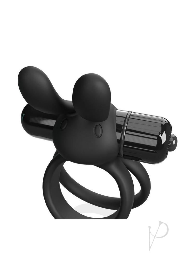 4T Ohare XL Silicone Rabbit Vibrating Cock Ring Black featuring flexible ears for stimulation and a comfortable fit.