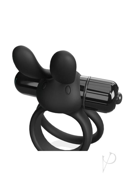 4T Ohare XL Silicone Rabbit Vibrating Cock Ring Black featuring flexible ears for stimulation and a comfortable fit.