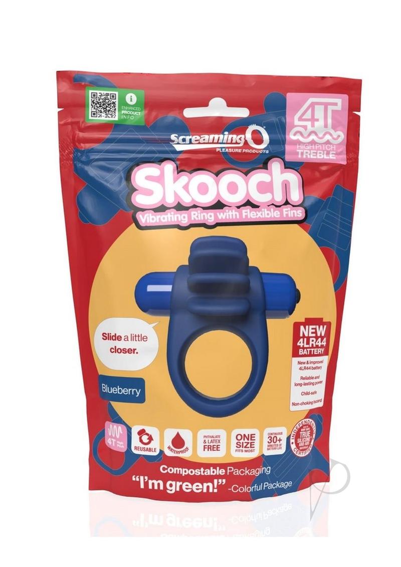 4T Skooch Vibrating Cock Ring Clitoral Stimulator Blueberry packaging with product details and instructions.