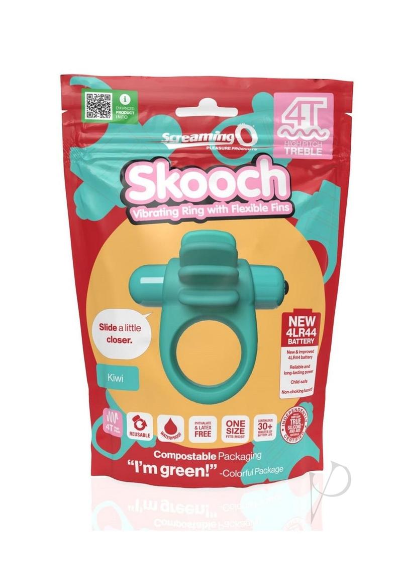 4T Skooch Vibrating Cock Ring with Clitoral Stimulator Kiwi packaging showcasing the product features and design.