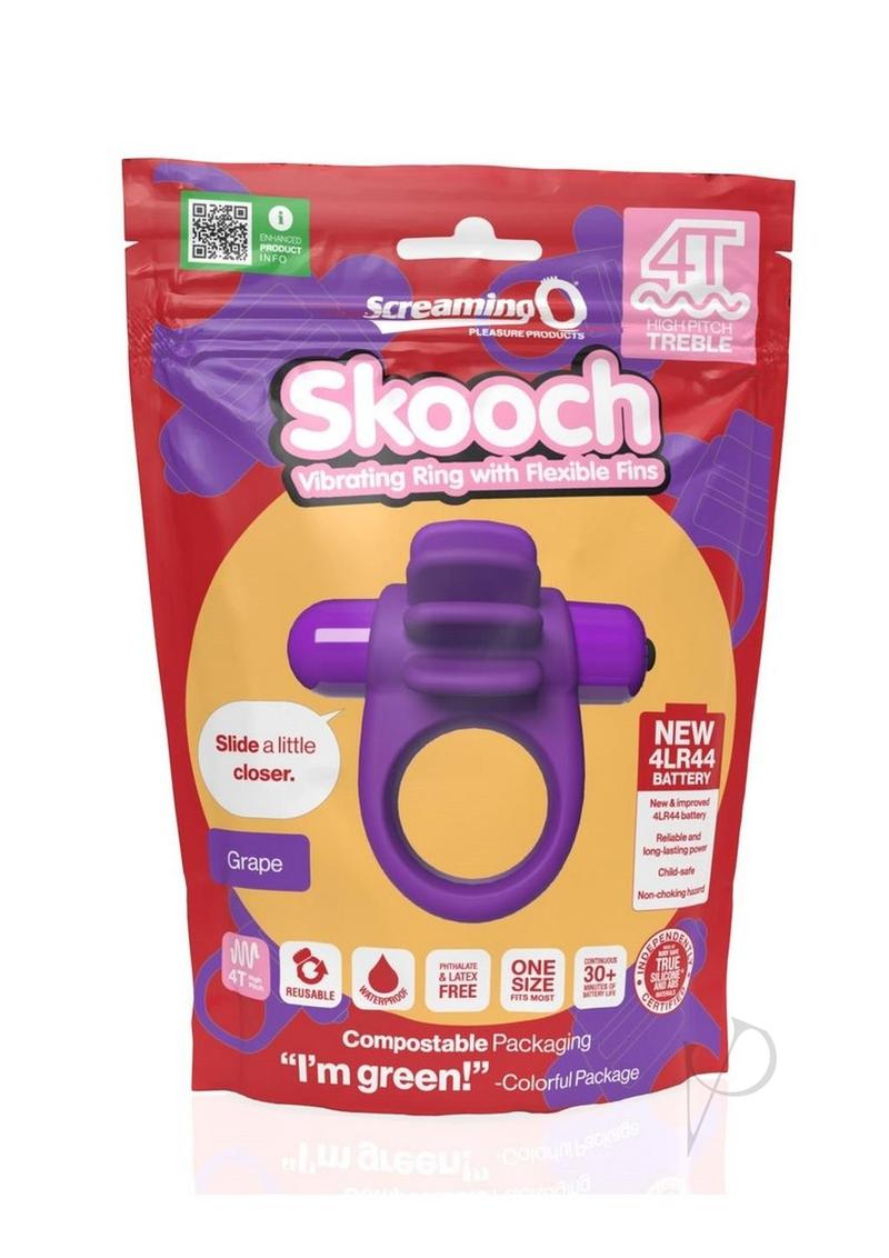 4T Skooch Vibrating Cock Ring with Clitoral Stimulator Grape packaging featuring flexible fins and battery information.