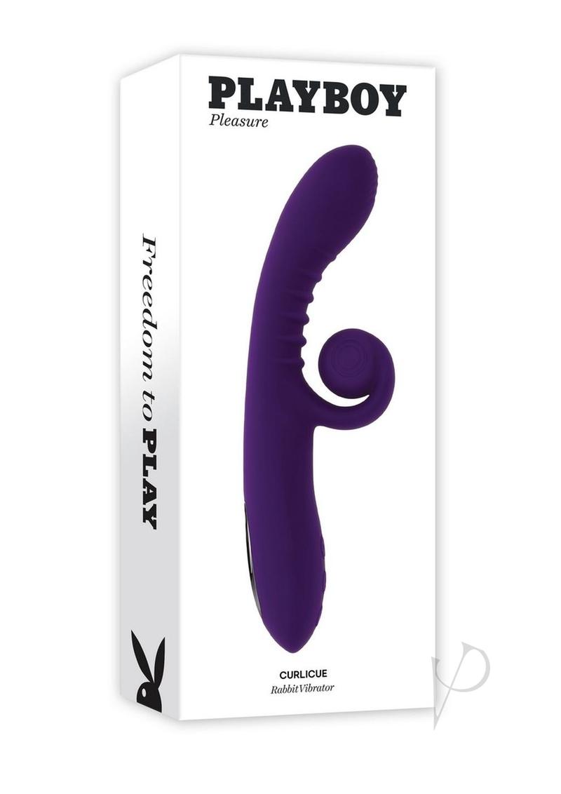 Playboy Curlicue Silicone Rabbit Vibrator Purple on packaging showcasing innovative design and vibrant color.