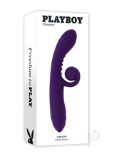 Playboy Curlicue Silicone Rabbit Vibrator Purple on packaging showcasing innovative design and vibrant color.