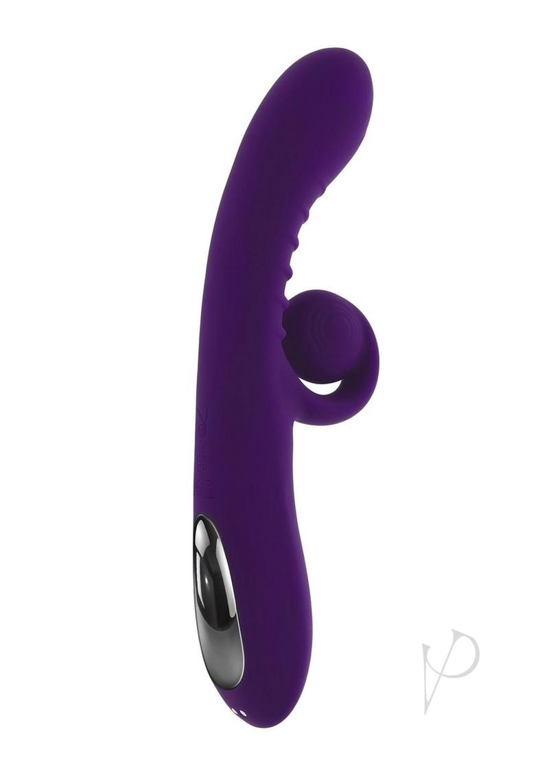 Playboy Curlicue Silicone Rabbit Vibrator Purple showcasing its spiral design for blended sensations.
