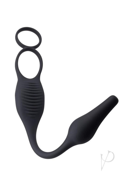 Zero Tolerance Plug and Tug Cock Ring Butt Plug Gray showcasing a vibrating cock ring and tapered anal plug.