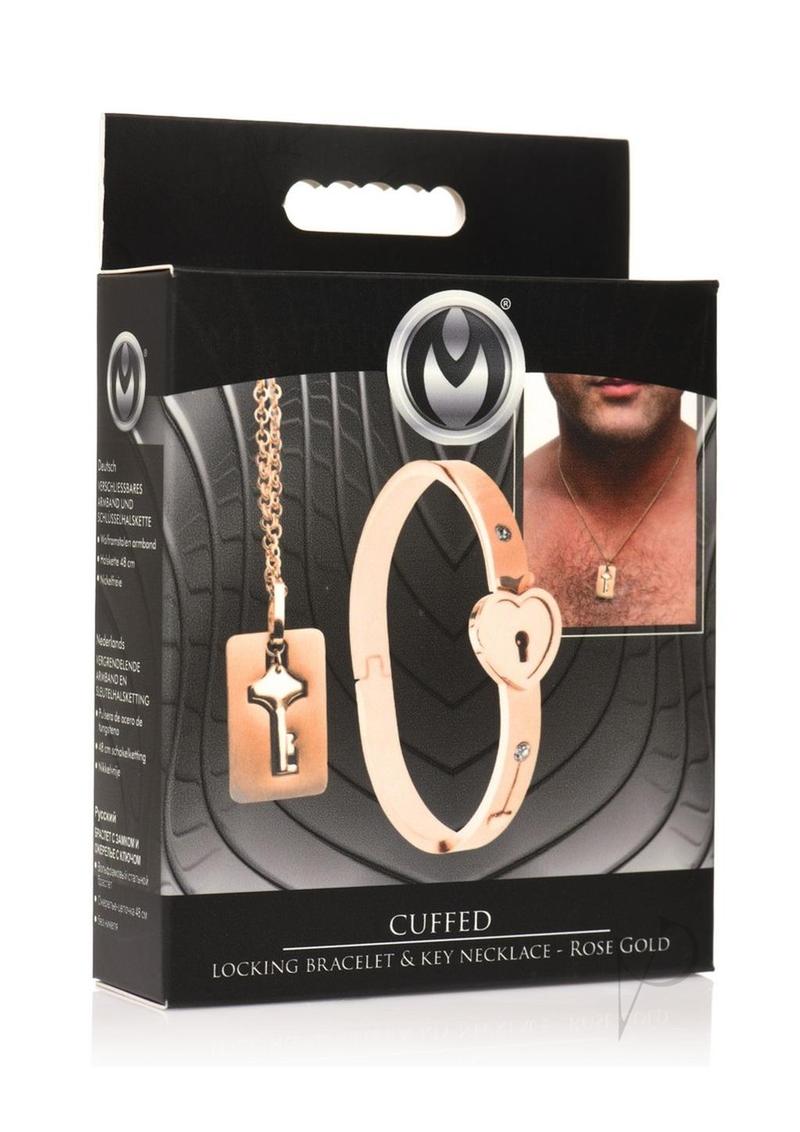 Master Series Locking Bracelet and Key Necklace Rose Gold packaging featuring cuff and key necklace.