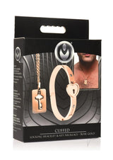 Master Series Locking Bracelet and Key Necklace Rose Gold packaging featuring cuff and key necklace.