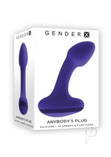 Gender X Anybody's Plug Silicone Vibrating Butt Plug Blue in its packaging showcasing sleek design and features.