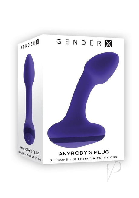 Gender X Anybody's Plug Silicone Vibrating Butt Plug Blue in its packaging showcasing sleek design and features.