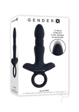Gender X Slayer Silicone Thrusting Anal Vibrator Black packaging featuring thrusting and vibrating functions.