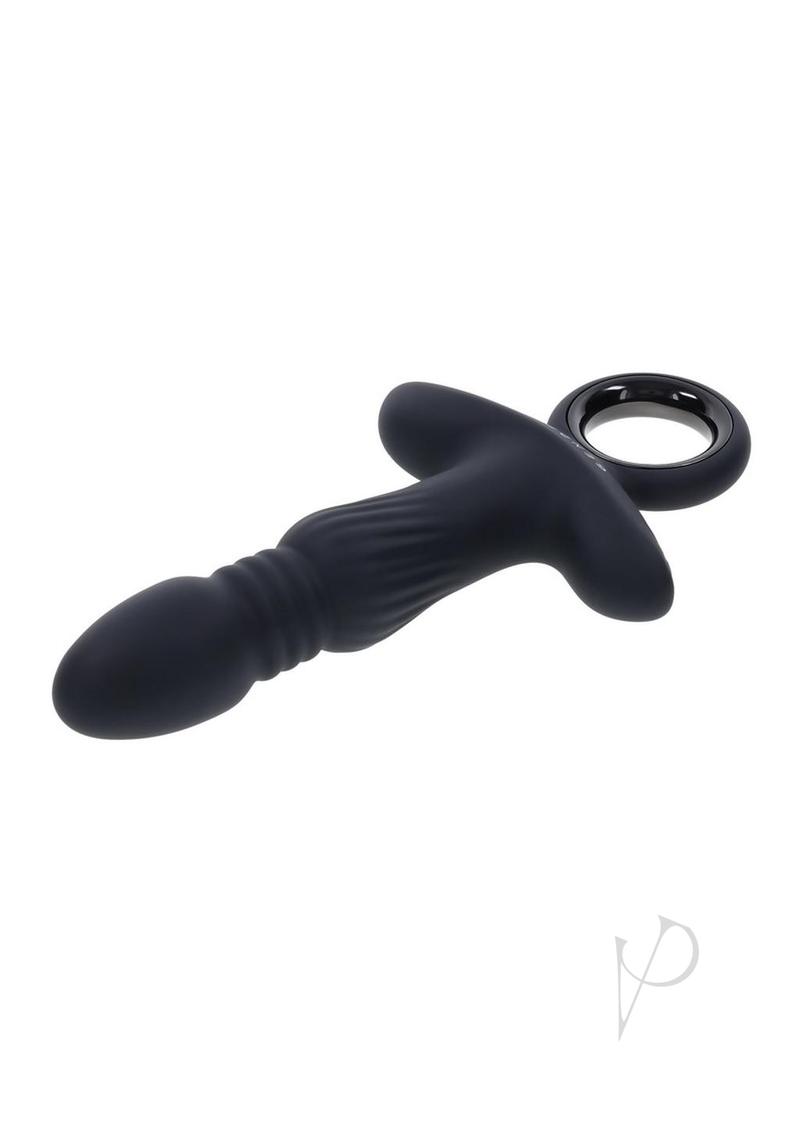 Gender X Slayer Silicone Thrusting Anal Vibrator Black on a white background showcasing its smooth texture and ergonomic design.