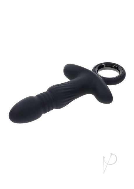 Gender X Slayer Silicone Thrusting Anal Vibrator Black on a white background showcasing its smooth texture and ergonomic design.