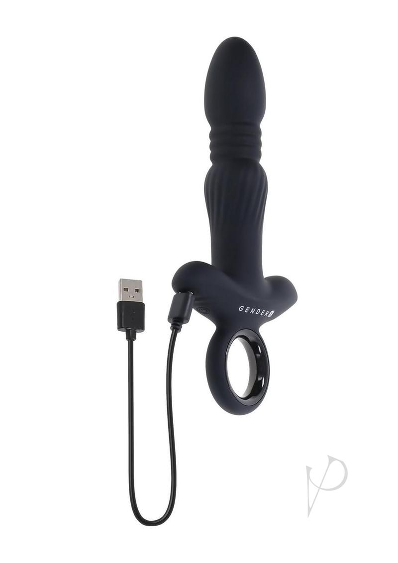 Gender X Slayer Silicone Thrusting Anal Vibrator Black with USB charging cable, showcasing its smooth design and finger grip.